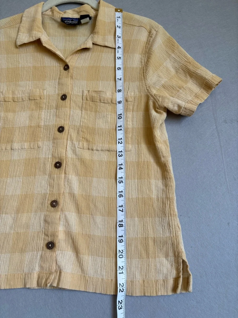 Patagonia Mustard Yellow Gingham Short-Sleeve Cotton Outdoor Hiking Shirt szM - Picture 8 of 10